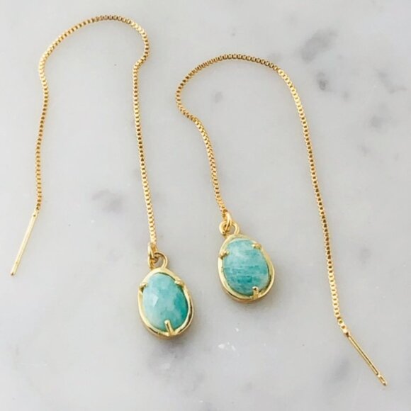 Gold Plated Green Amazonite Egg Shape Threader Earrings - Picture 7 of 7